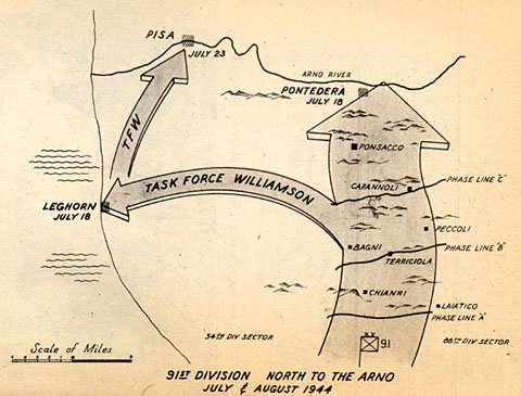 [Map 91st Division North to the Arno, July & August 1944]